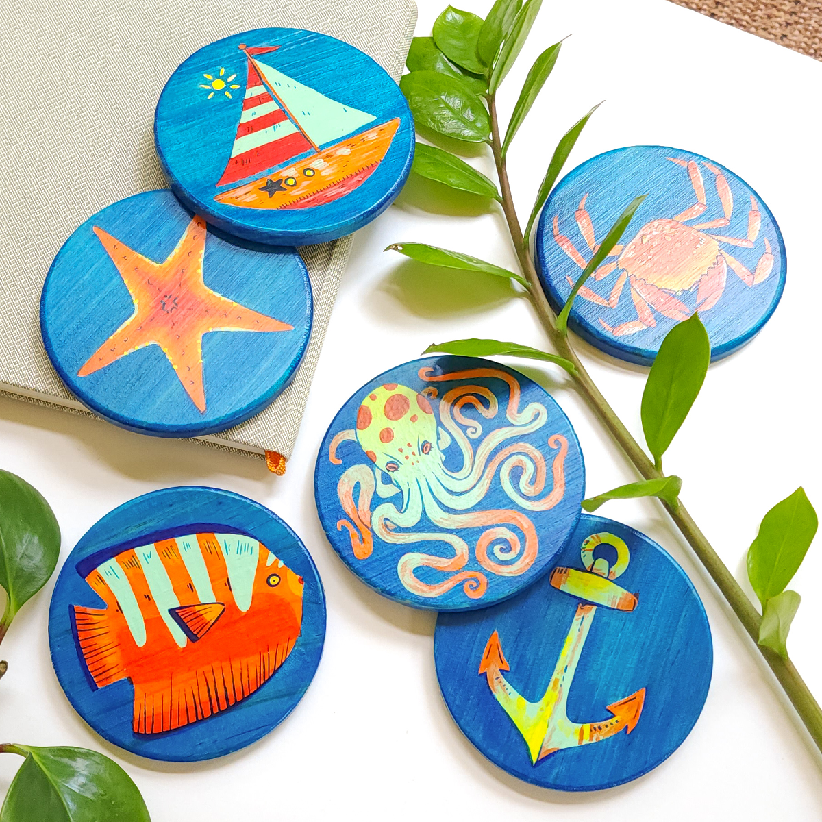 HAND-PAINTED OCEAN COASTER SET