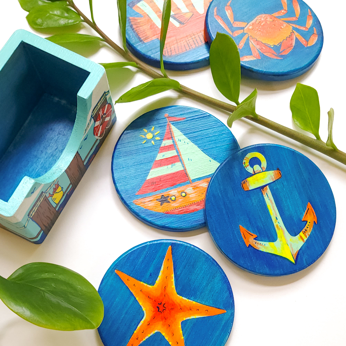 HAND-PAINTED OCEAN COASTER SET