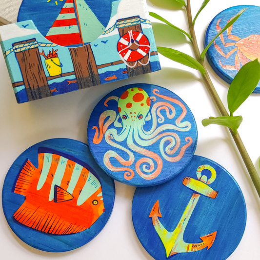 HAND-PAINTED OCEAN COASTER SET