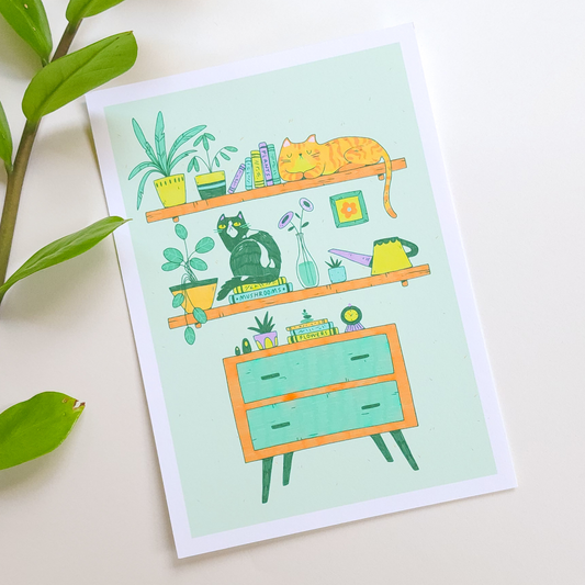 CATS ON SHELVES PRINT